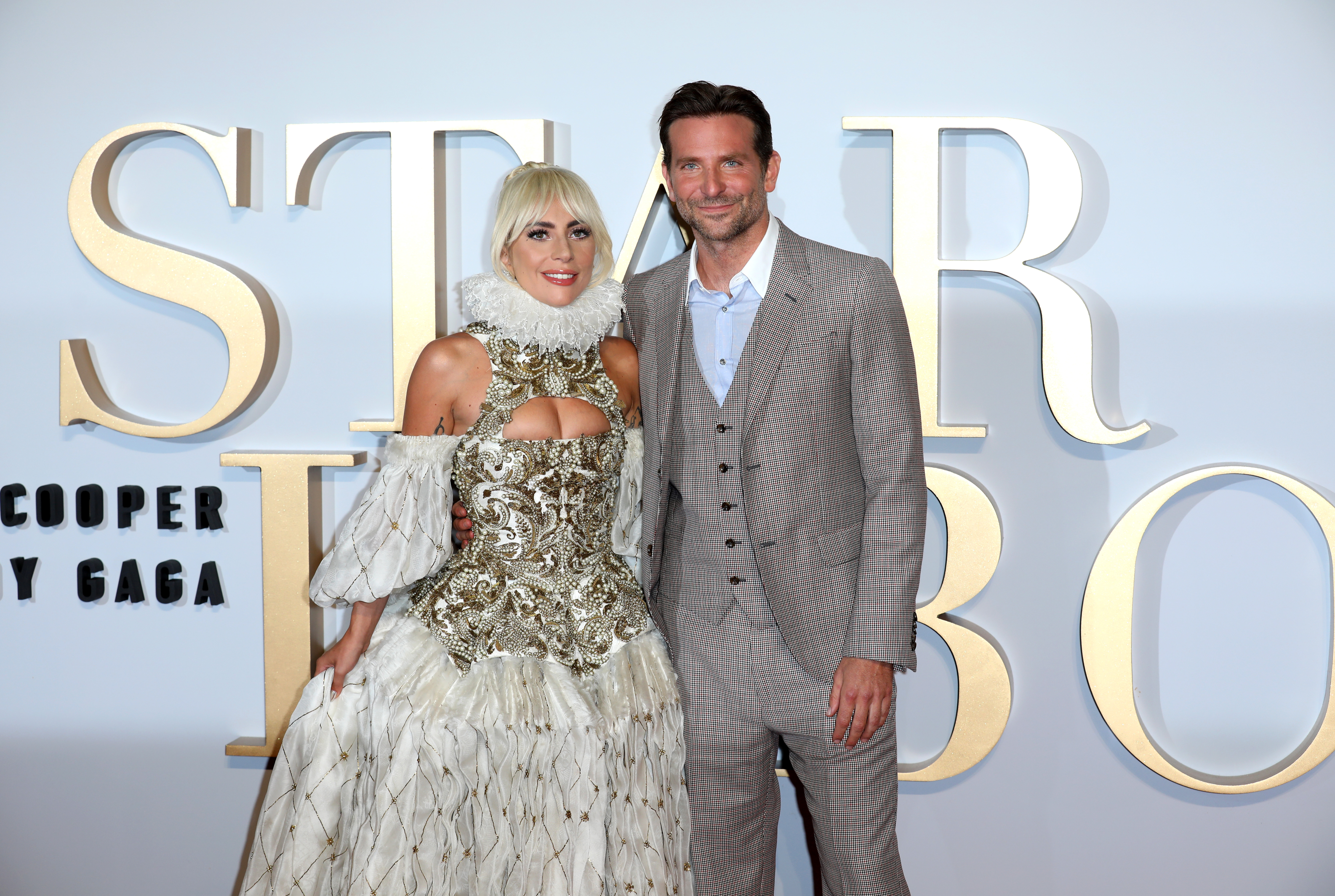 LONDON, ENGLAND - SEPTEMBER 27:  Lady Gaga and Bradley Cooper attend the UK premiere of 'A Star Is ...