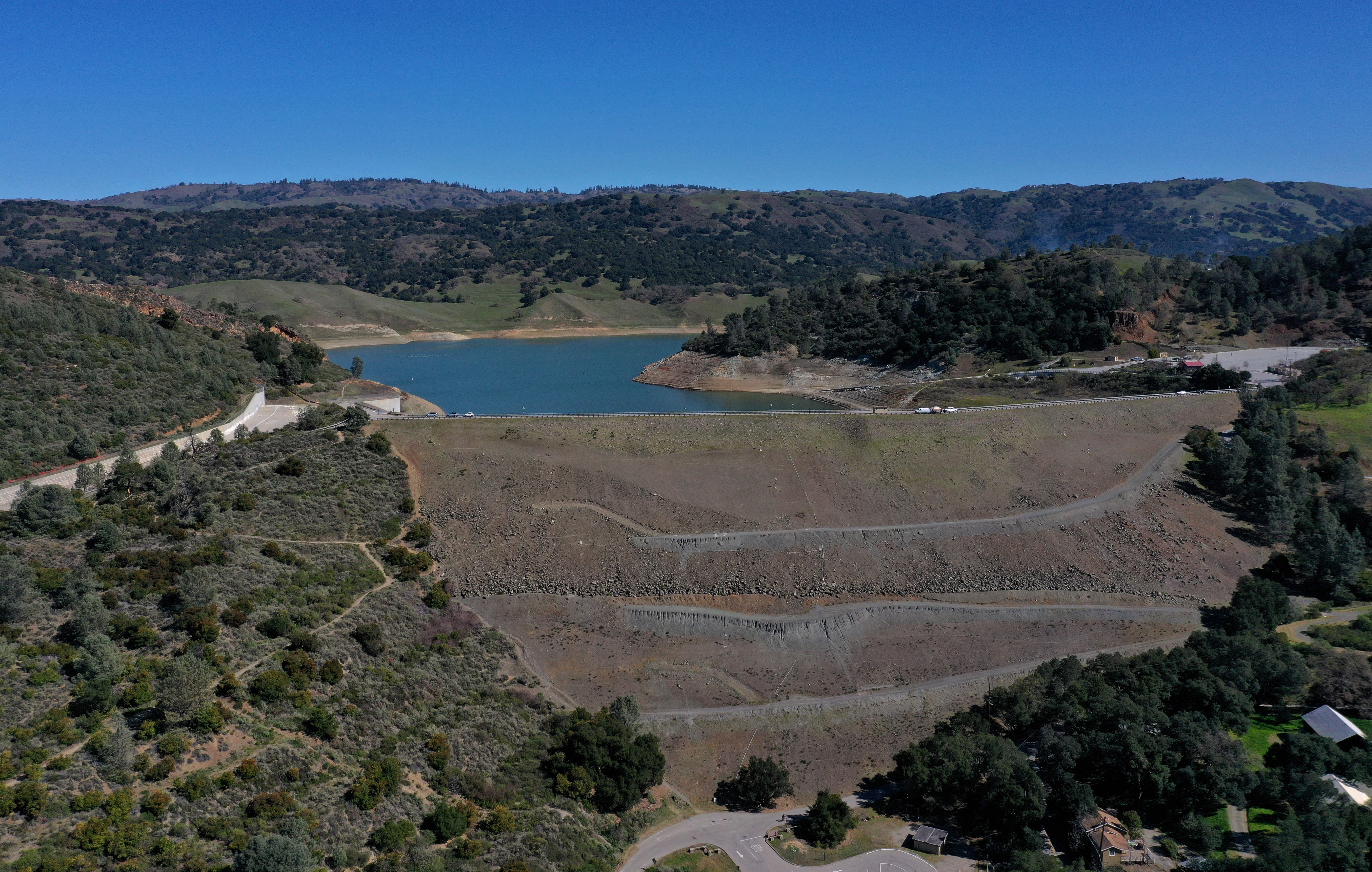 MORGAN HILL, CALIFORNIA - FEBRUARY 25: A view of the dam at Anderson Reservoir on February 25, 2020...