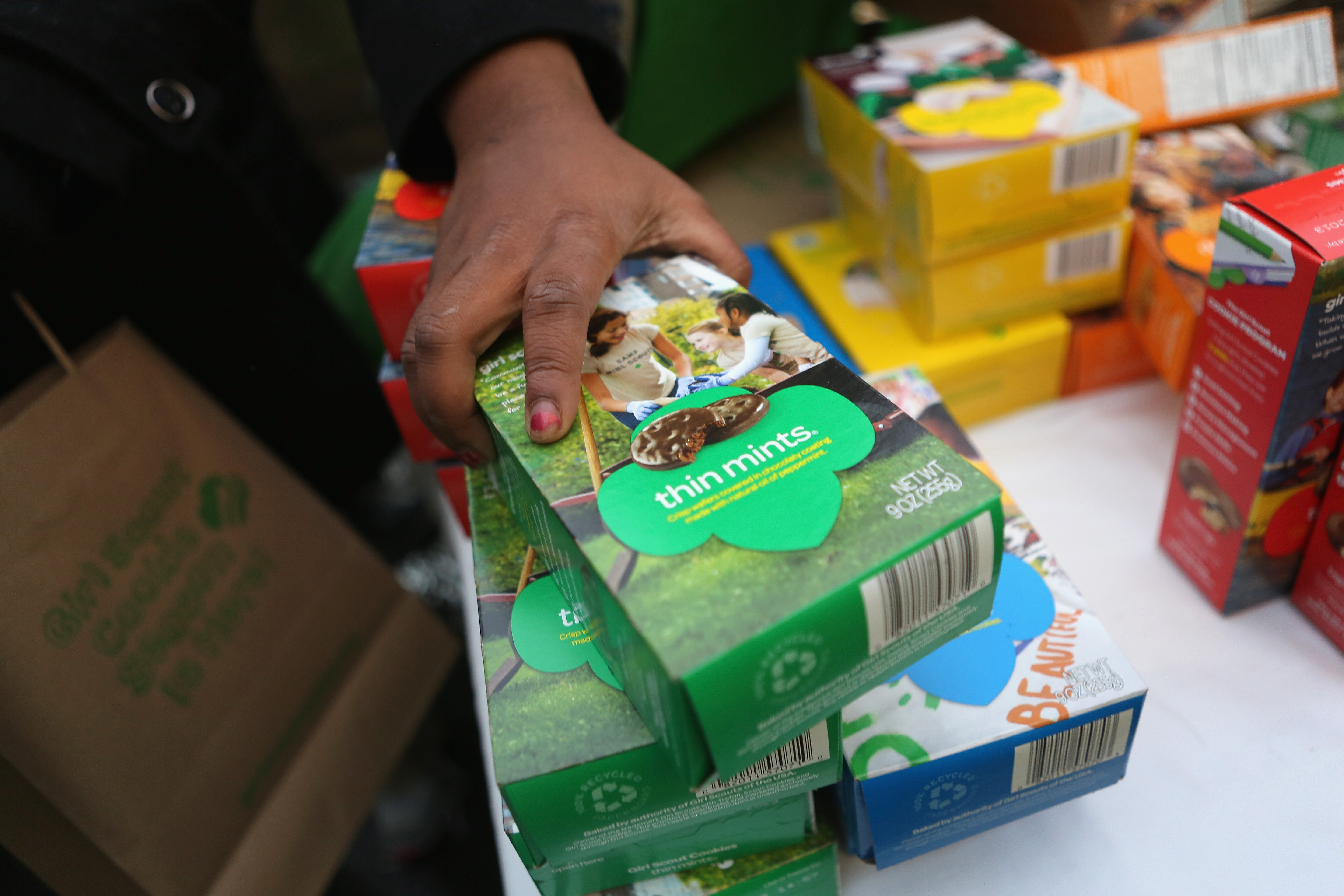 NEW YORK, NY - FEBRUARY 08:  Girl Scouts sell cookies as a winter storm moves in on February 8, 201...