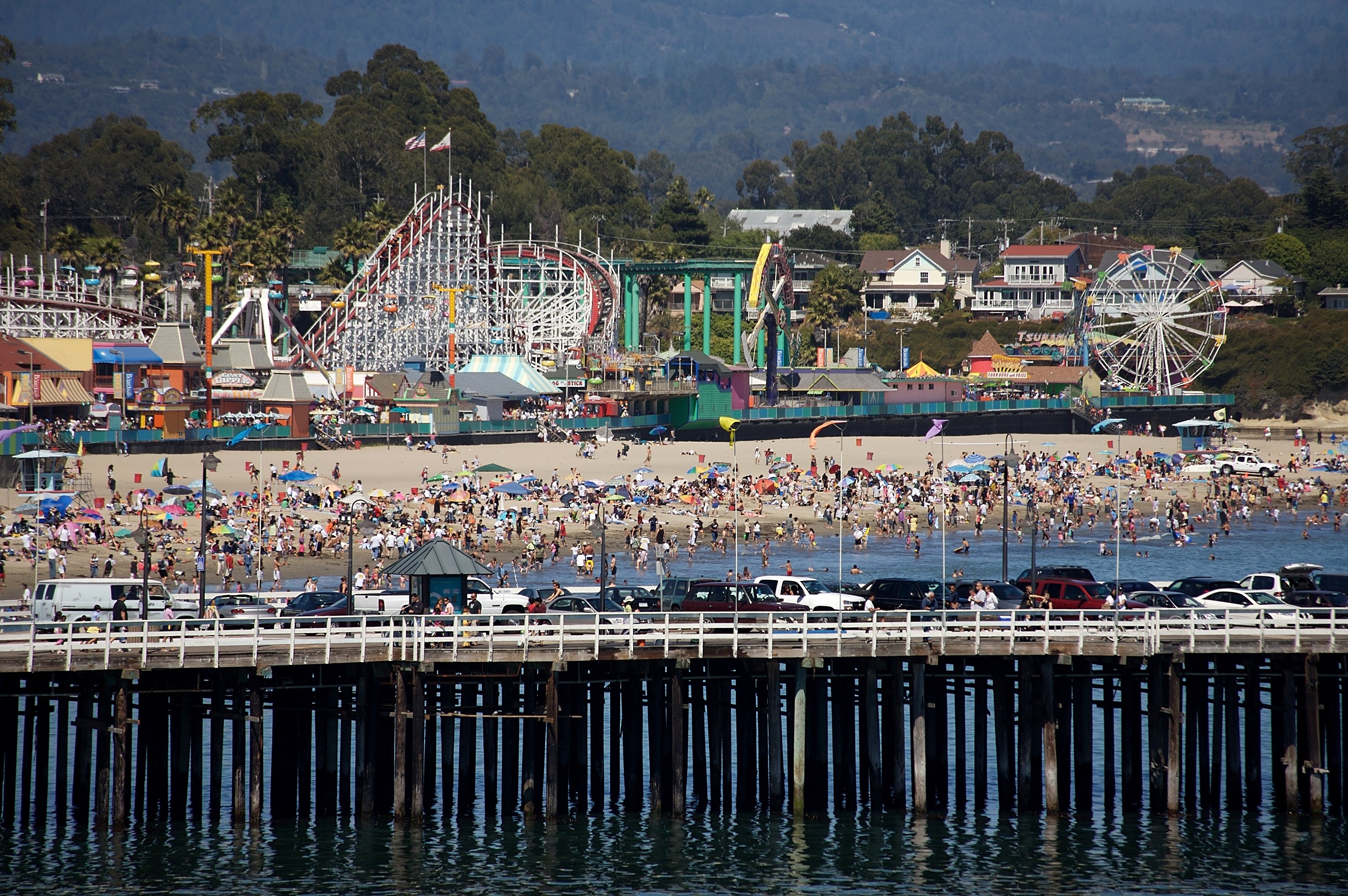 SANTA CRUZ, CA - JULY 29:  A general view of the Santa Cruz Wharf, with the Santa Cruz Beach and Bo...